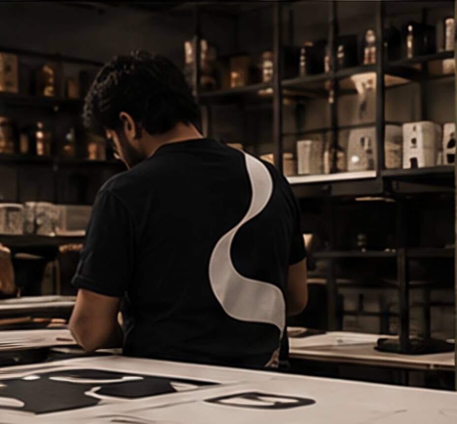 A designer in a black T-shirt works at a long table in the Gultan studio, shelves of material samples behind him.