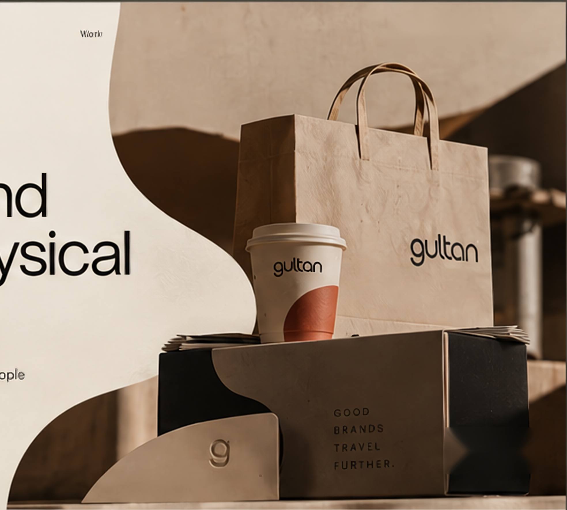 A Gultan kraft paper bag, a branded takeaway cup and a two-tone box printed with ‘Good brands travel further’, in warm afternoon light.