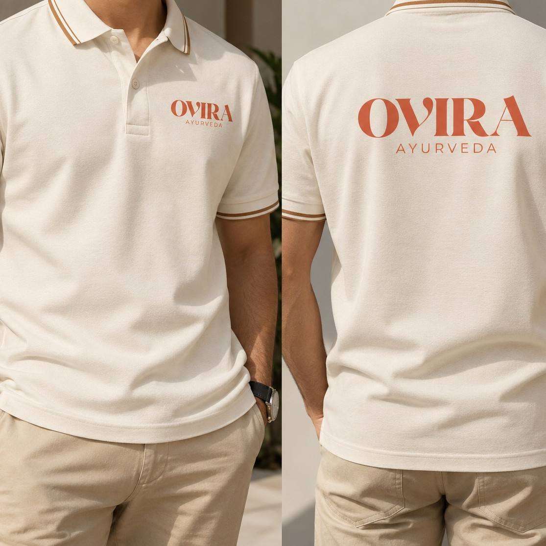 Custom staff T-shirt for Ovira Ayurveda, front and back, in ivory with the terracotta wordmark.