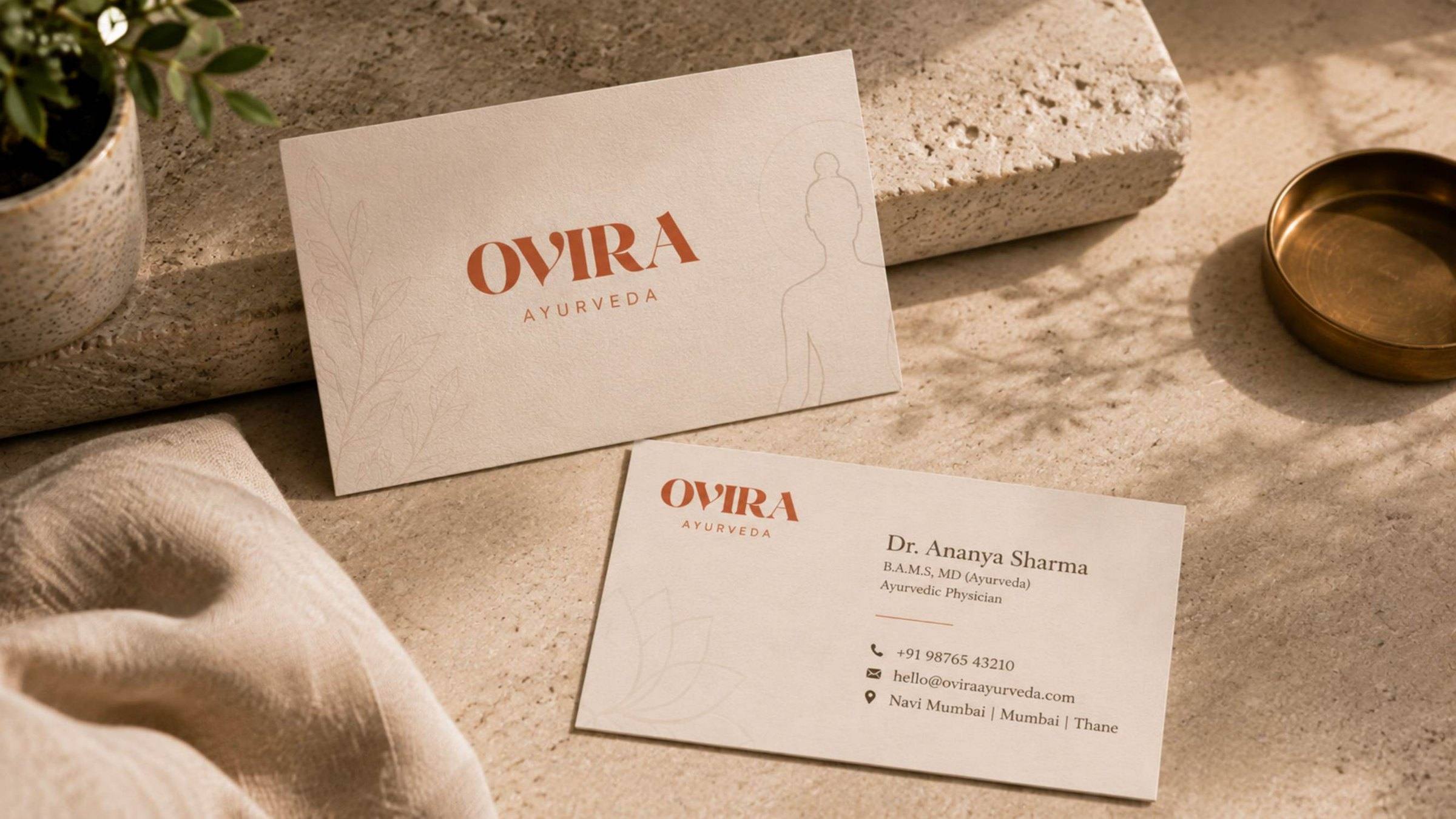 Ovira Ayurveda business cards and stationery.