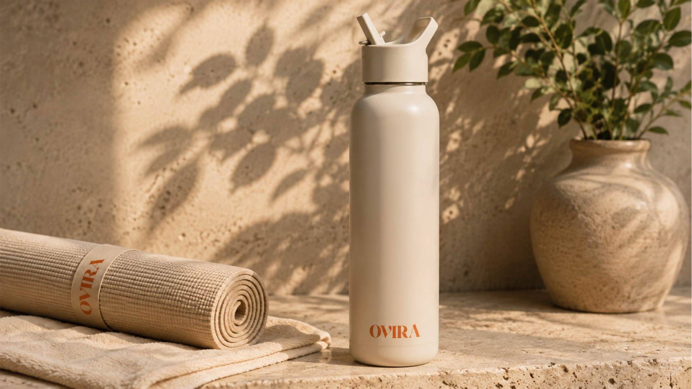 Ovira Ayurveda branded water bottle and custom yoga mat.