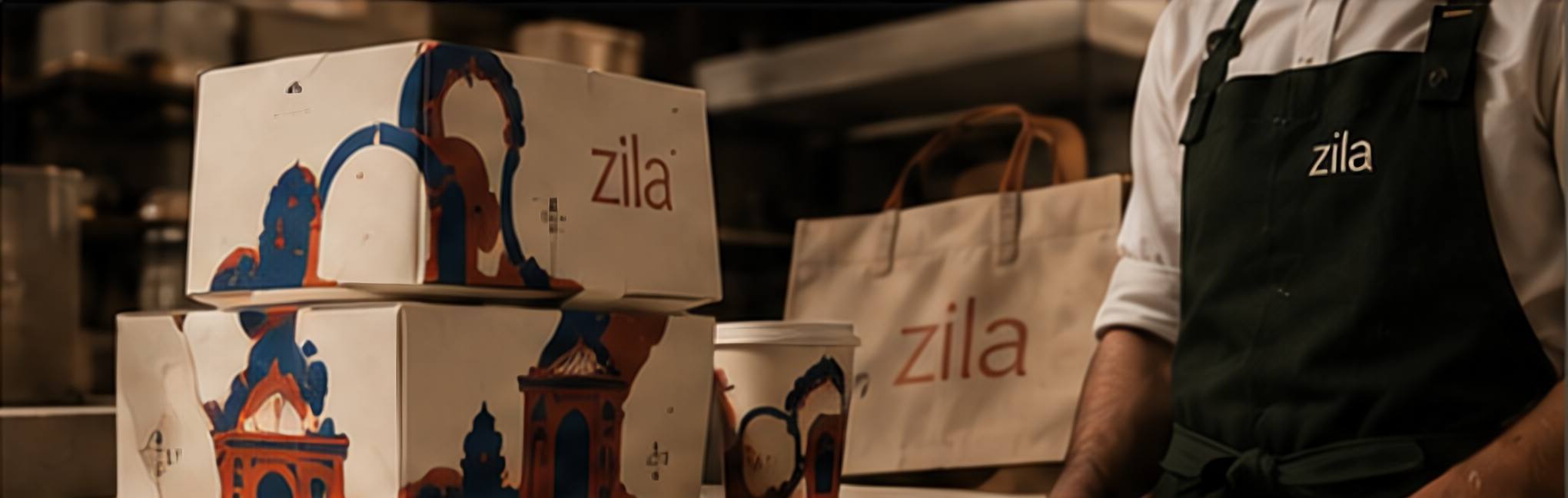 Zila takeaway boxes illustrated with blue and terracotta architecture, a printed tote and a server in a dark Zila apron.